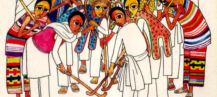 Menschen in leuchtender äthiopischer Kleidung spielen Feldhockey in einer farbenfrohen Illustration.