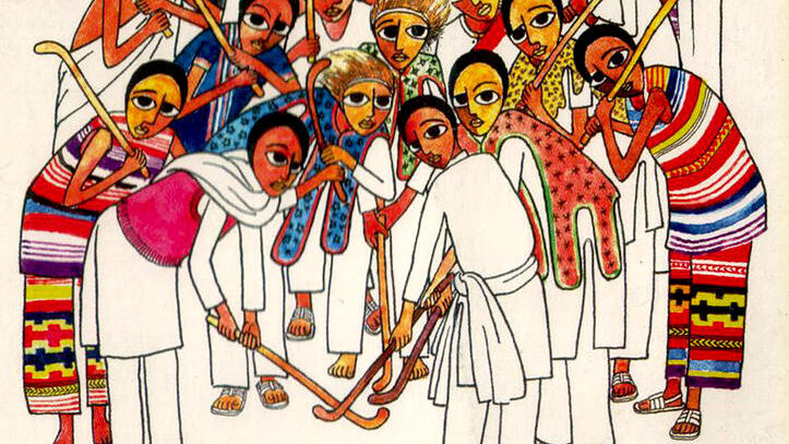 Frauen in hellen traditionellen indischen Gewändern spielen Feldhockey in einer farbenfrohen Illustration.