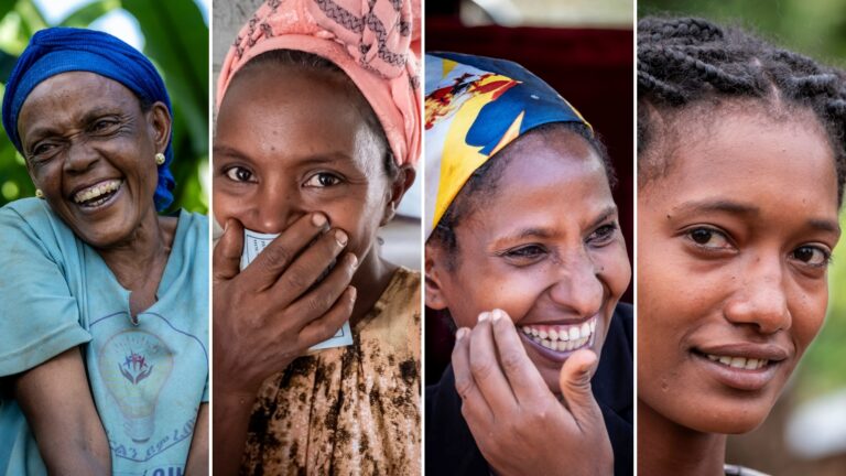 vier Portraits von äthiopischen Frauen, die lächeln und sich freuen