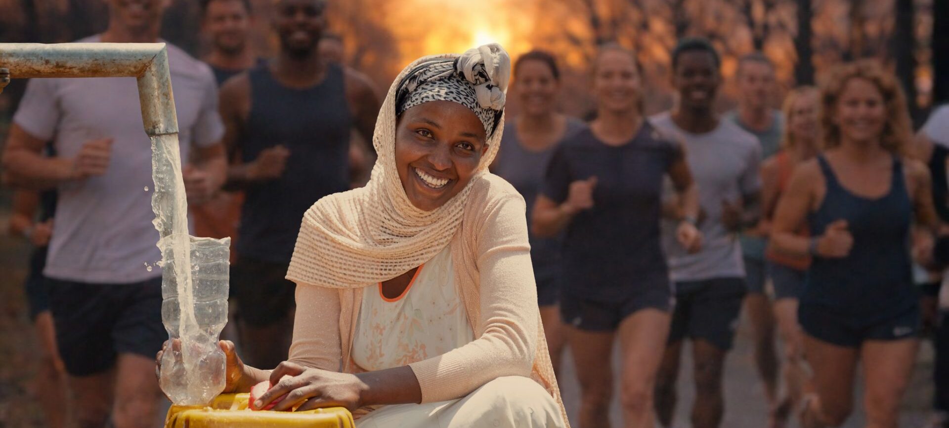Eine ausgeschnittene äthiopische Frau, die sauberes Wasser in einen Kanister abfüllt. Im Hintergrund sind Läufer zu sehen.