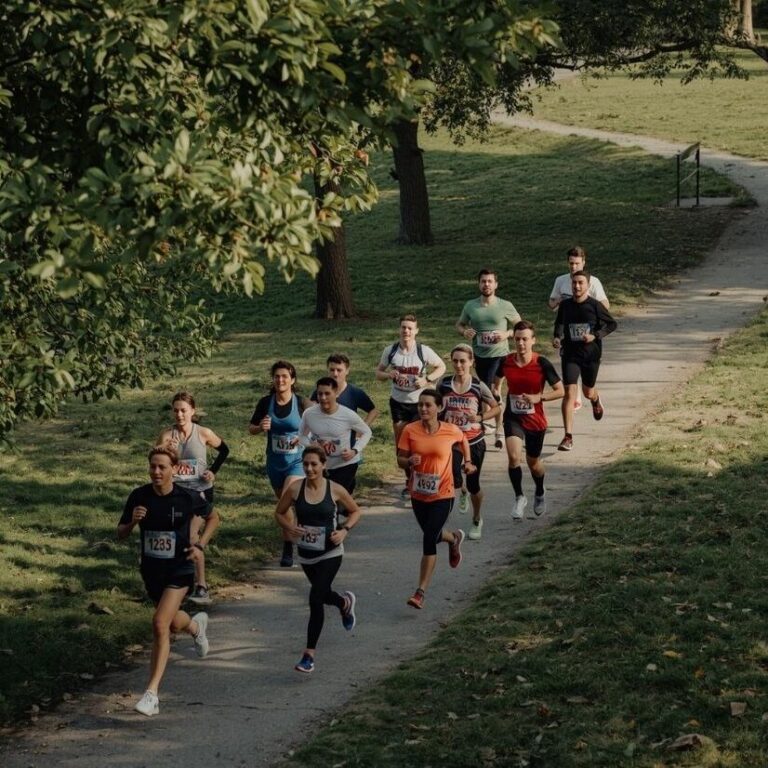 Eine Gruppe von Menschen läuft durch den Park.