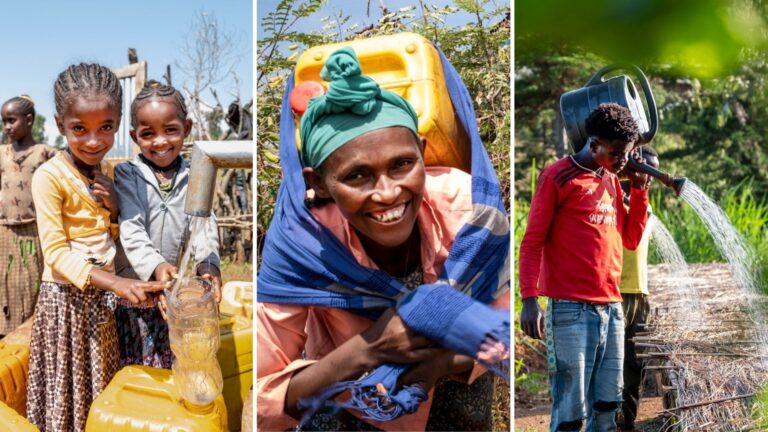 Foto Collage aus drei Bildern zum Thema Wasser. Zwei von Menschen mit Wasserkanistern und ein von einem Menschen der Pflanzen gießt.