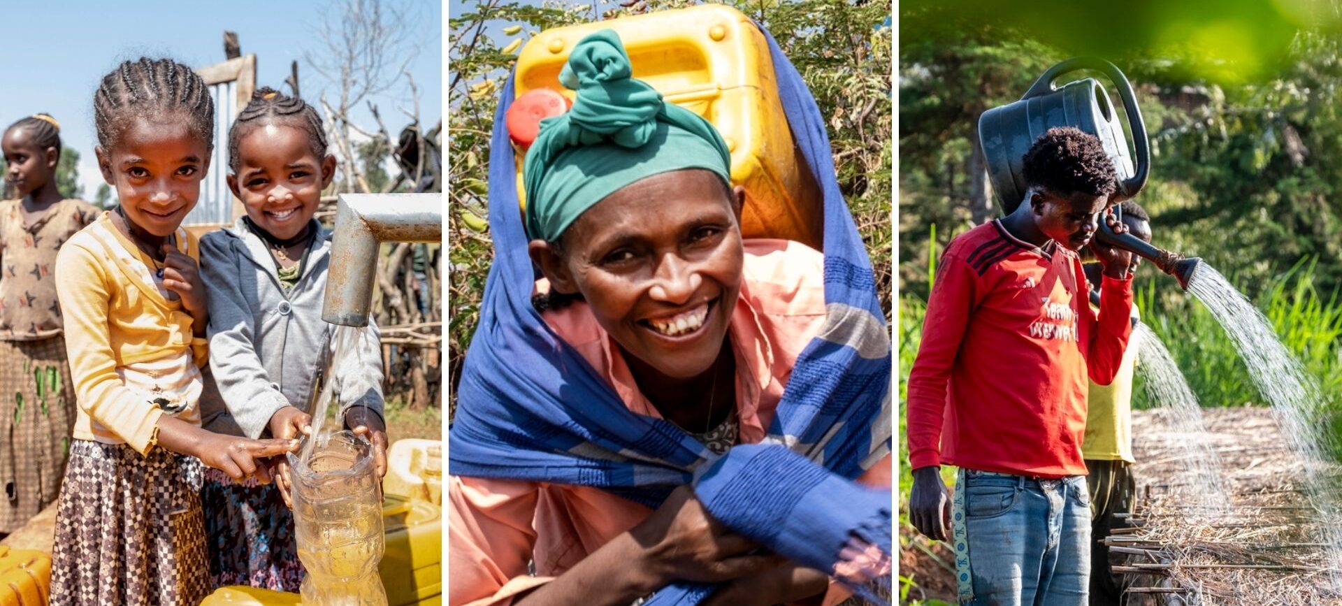 Foto Collage aus drei Bildern zum Thema Wasser. Zwei von Menschen mit Wasserkanistern und ein von einem Menschen der Pflanzen gießt.